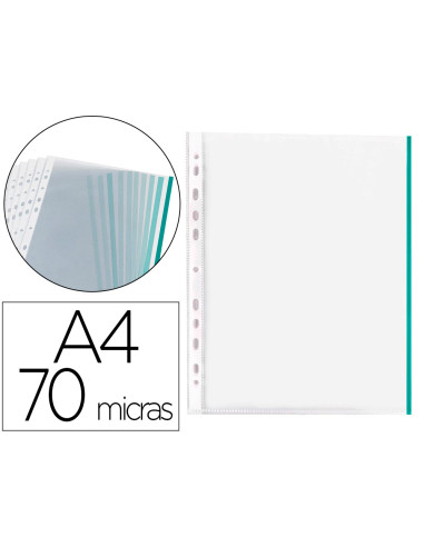Funda multitaladro q-connect din a4 70 mc pp cristal con borde verde bolsa de 10 unidades
