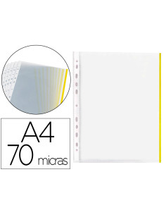 Funda multitaladro q-connect din a4 70 mc pp cristal con borde amarillo bolsa de 10 unidades