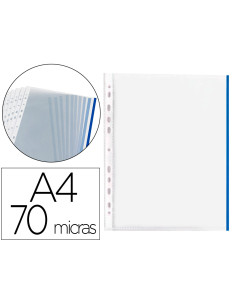 Funda multitaladro q-connect din a4 70 mc pp cristal con borde azul bolsa de 10 unidades