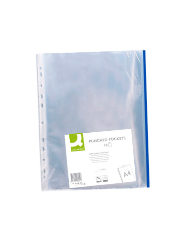 Funda multitaladro q-connect din a4 70 mc pp cristal con borde azul bolsa de 10 unidades