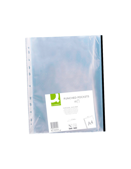 Funda multitaladro q-connect din a4 70 mc pp cristal con borde negro bolsa de 10 unidades