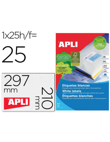Etiqueta adhesiva apli 1215 tamaño 210x297 mm para fotocopiadora laser ink-jet caja con 25 hojas con 25