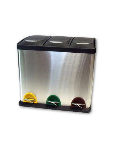 Papelera contenedor q-connect metalica con tapadera de plastico y pedal 3 depositos 45l 605x340x485 mm