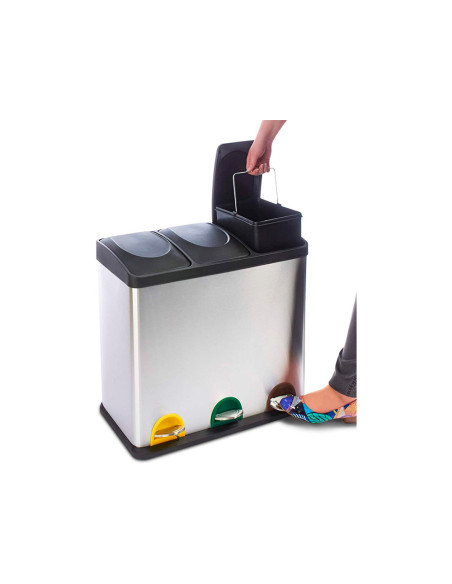 Papelera contenedor q-connect metalica con tapadera de plastico y pedal 3 depositos 45l 605x340x485 mm