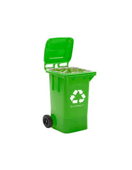 Papelera contenedor q-connect plastico verde para envases de vidrio 100l con tapa y ruedas 750x470x370 mm