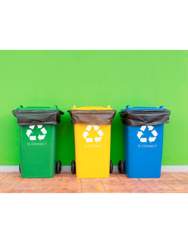 Papelera contenedor q-connect plastico verde para envases de vidrio 100l con tapa y ruedas 750x470x370 mm