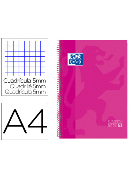 Bloc espiral oxford european book tapa extradura din a4 80 hojas cuadricula 5 mm color rosa
