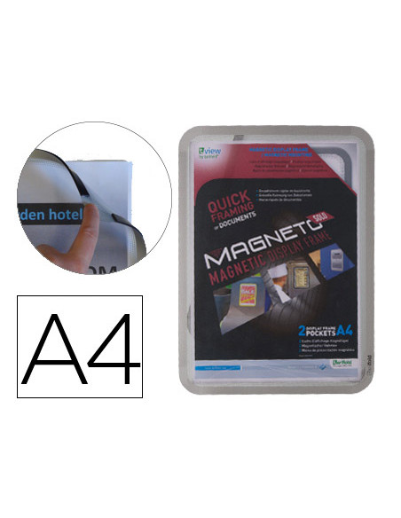 Marco porta anuncios tarifold magneto din a4 con 4 bandas magneticas en el dorso color plata pack de 2 unidades