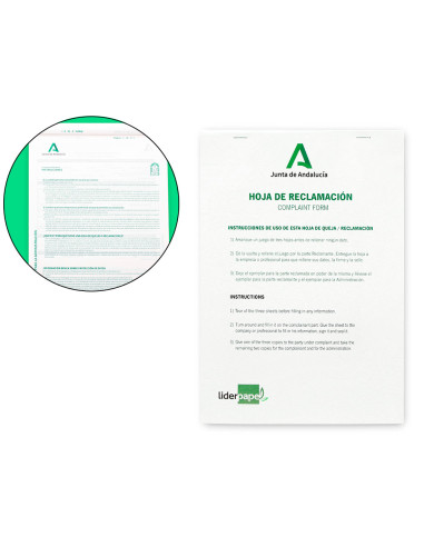Libro liderpapel hojas de reclamaciones junta de andalucia din a4 25 juegos original + 2 copias