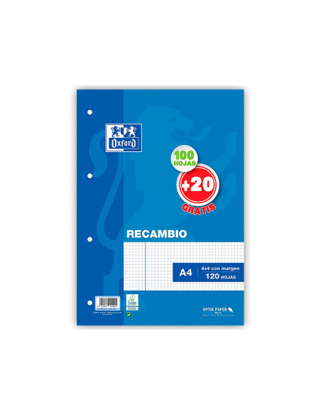 Recambio oxford a4 100 + 20 hojas gratis 90 gr cuadro 4mm 4 taladros