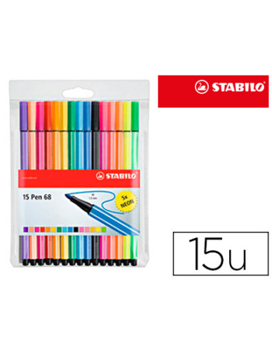 Rotulador stabilo acuarelable pen 68 estuche de 10 colores estandar + 5 colores neon